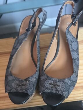 Coach Gray Signature Slingback Peep-Toe Wedges